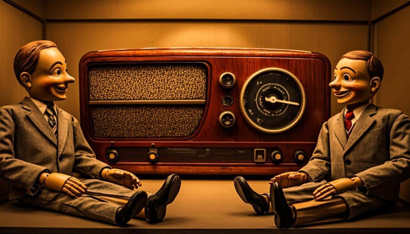 Vintage radio broadcast equipment and ventriloquist memorabilia