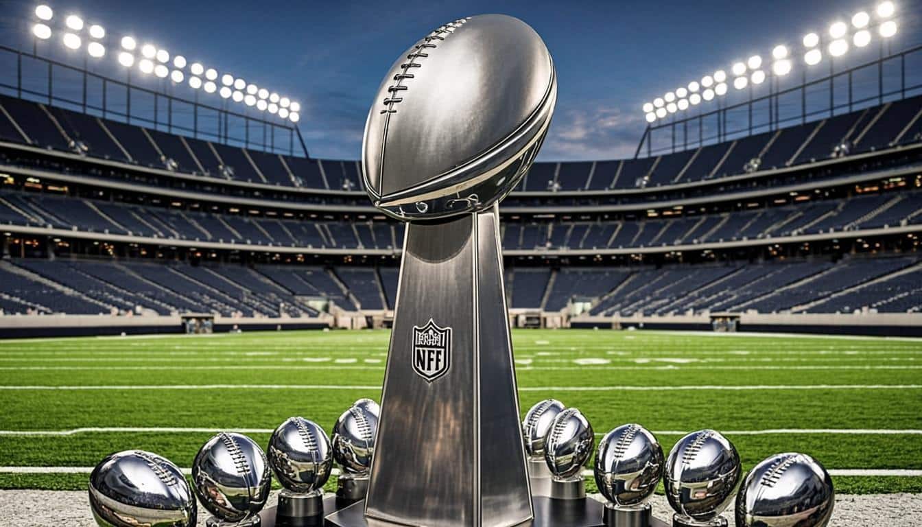 NFL stadium with football field and championship trophies
