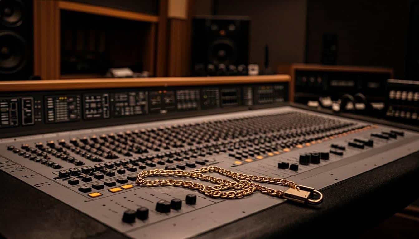Hip-hop recording studio with gold chains and mixing console