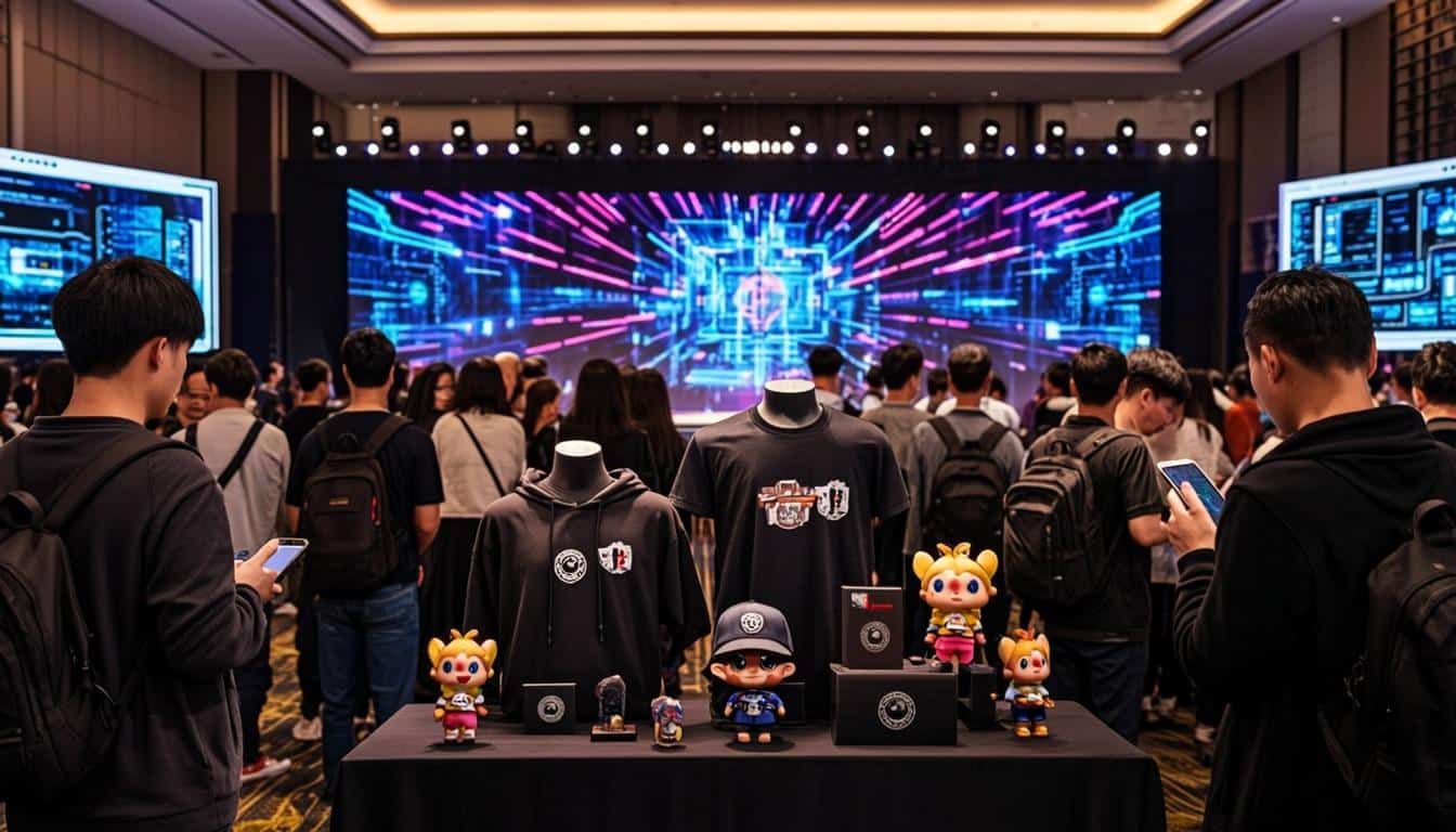 YouTube creator convention with screens and merchandise