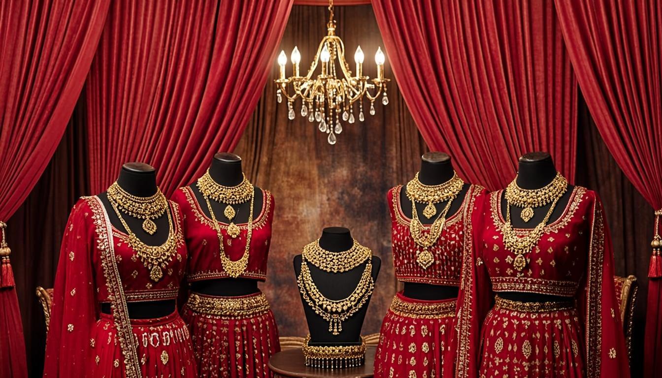Bollywood red carpet glamour at an Indian cinema awards ceremony with golden and red decor