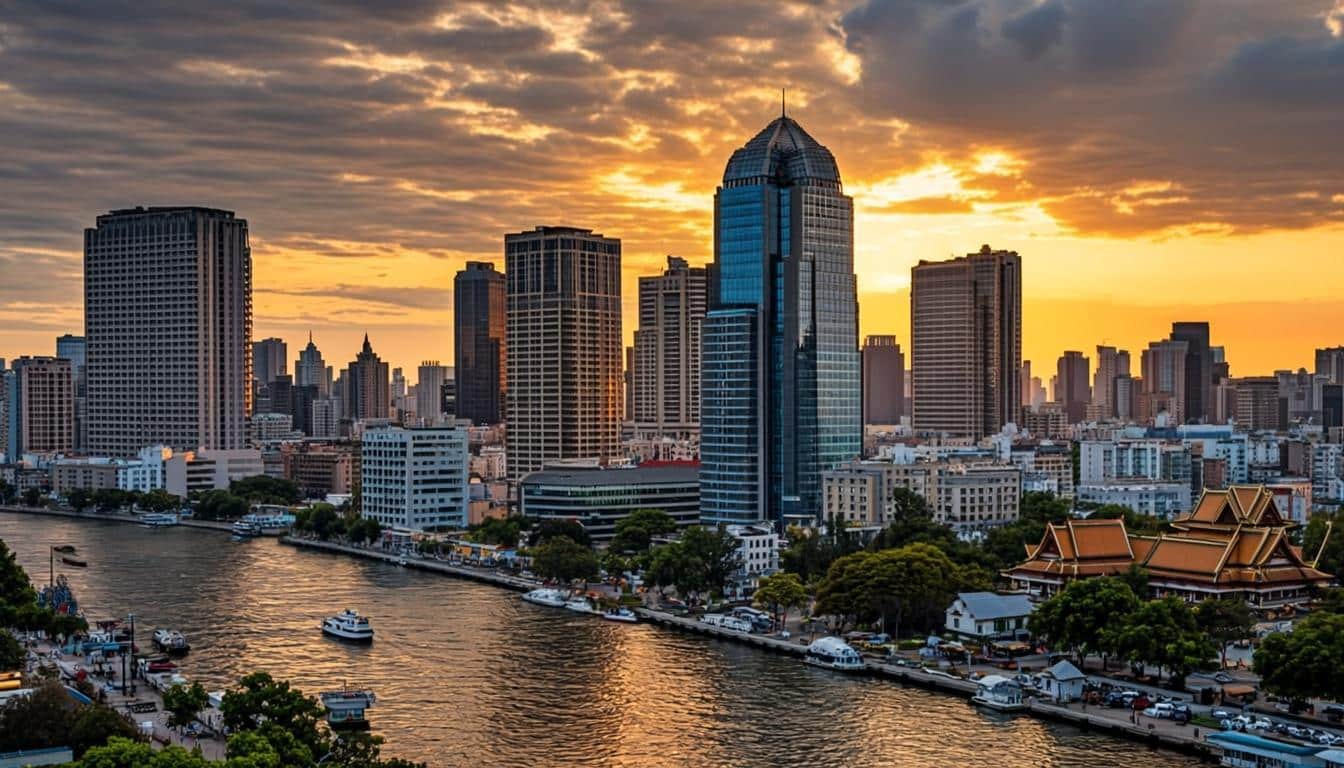 Bangkok skyline at sunset with modern skyscrapers and traditional Thai architecture along the Chao Phraya river