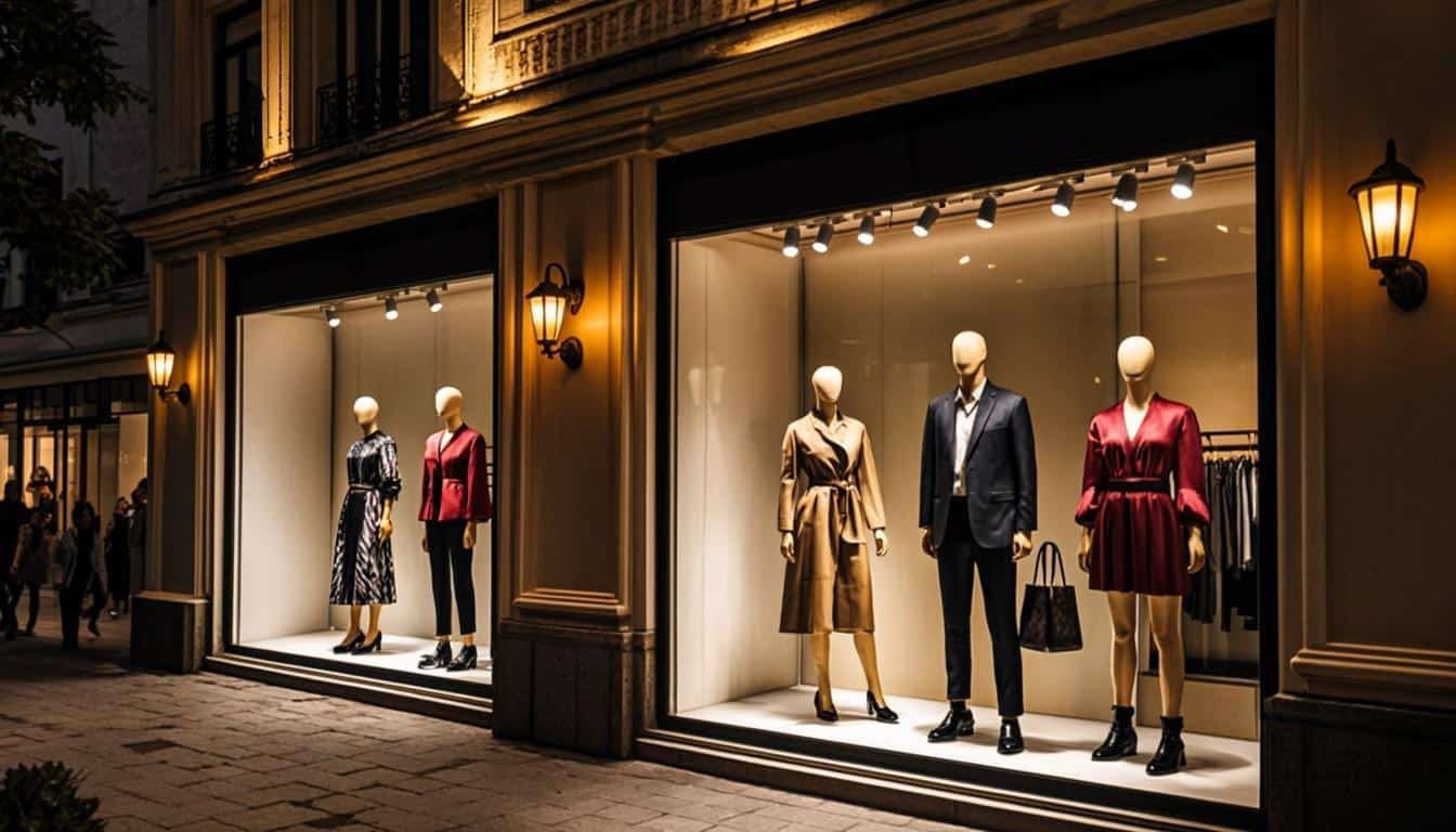Luxury Asian fashion district with high-end brand storefronts and golden ambient lighting at dusk