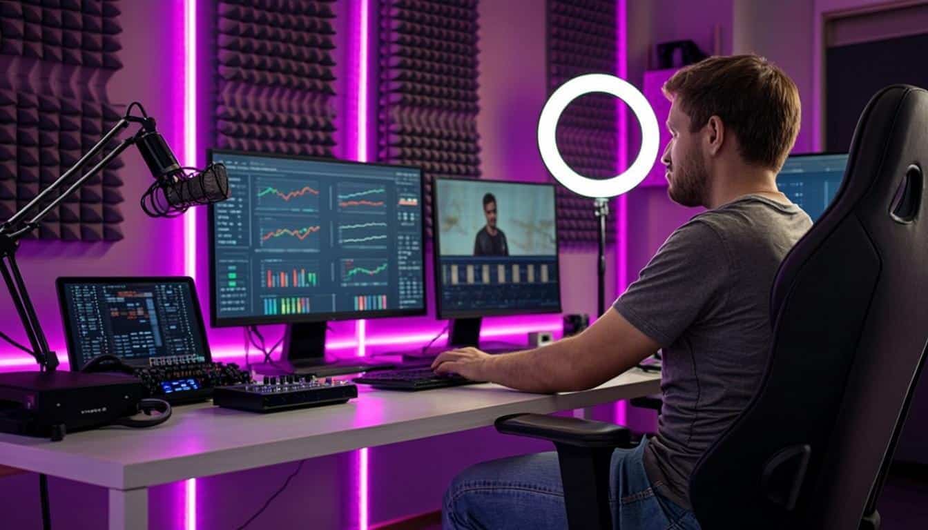 Professional YouTube creator studio with streaming equipment, neon gaming lights, and content production setup