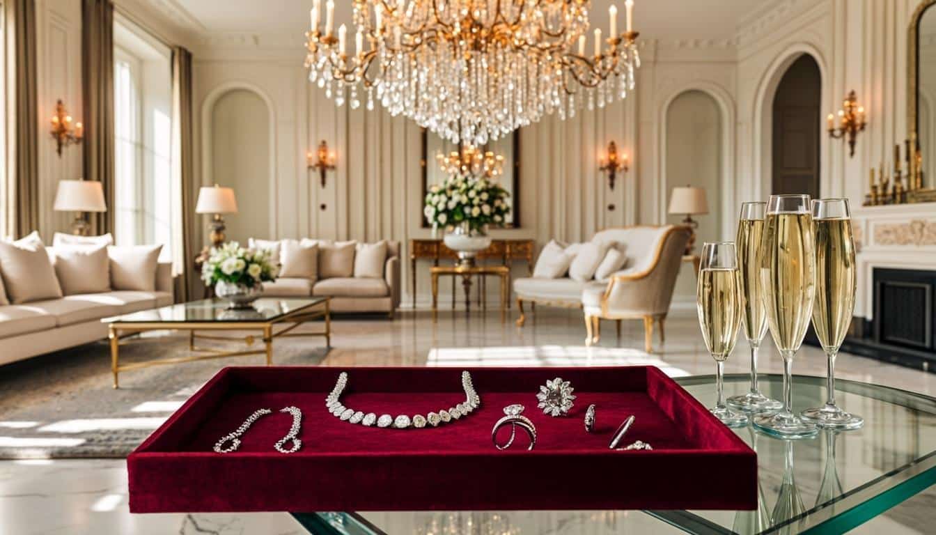 Opulent Beverly Hills mansion interior with diamond jewelry and champagne flutes representing Real Housewives wealth