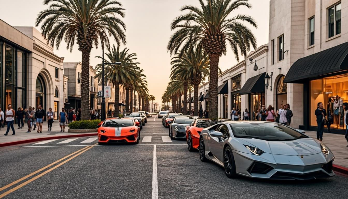 Rodeo Drive Beverly Hills luxury storefronts and palm trees representing RHOBH cast wealth and lifestyle