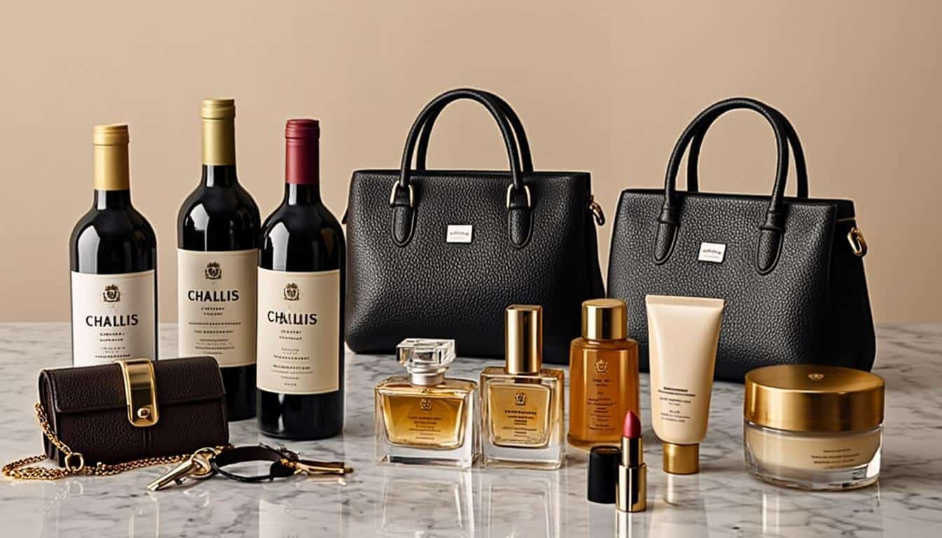 Luxury product empire with wine bottles designer fashion and cosmetics representing Housewives business ventures