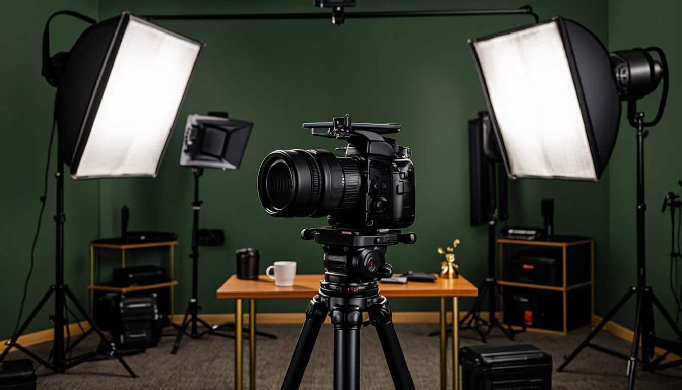 YouTube creator studio empire with professional cameras and challenge props