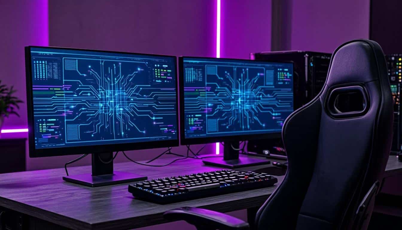 Dual monitor streaming setup with gaming chair and neon purple lights