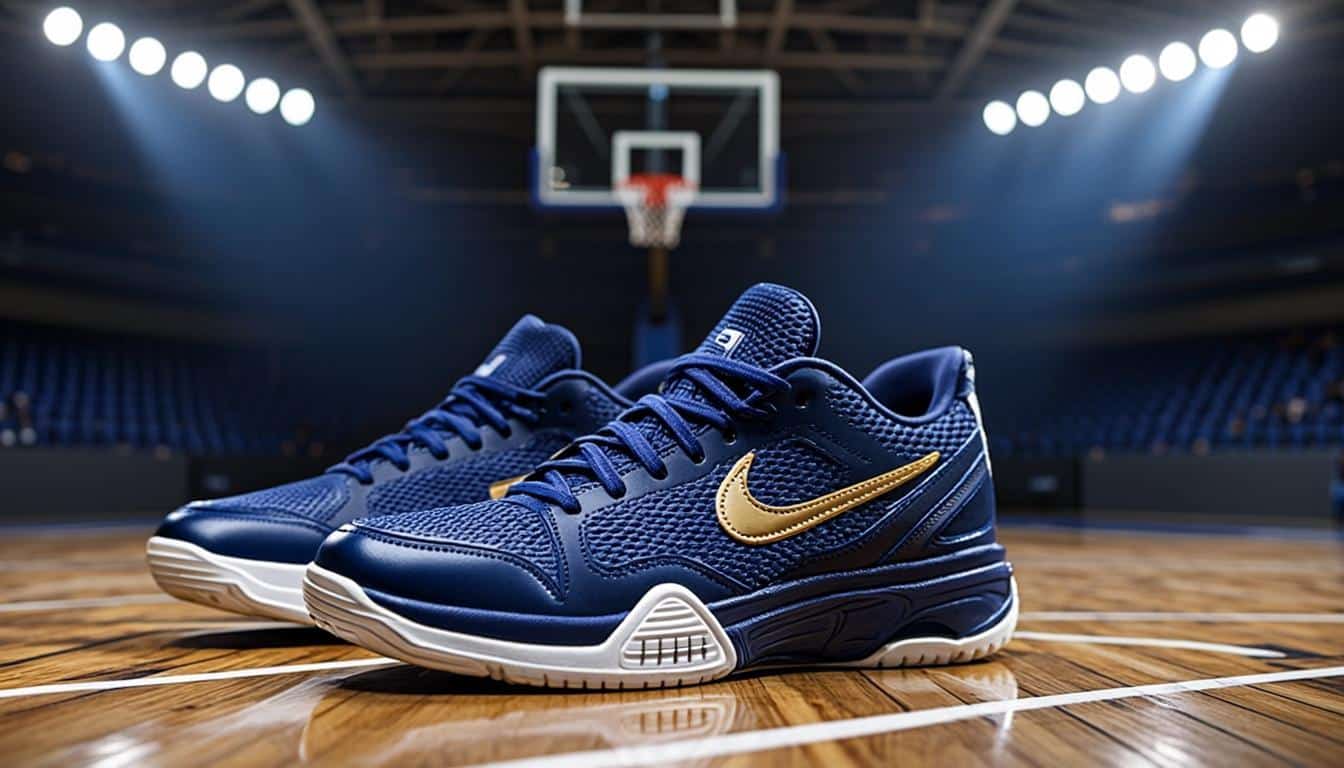 Women's basketball arena with court lights and Nike sneakers display