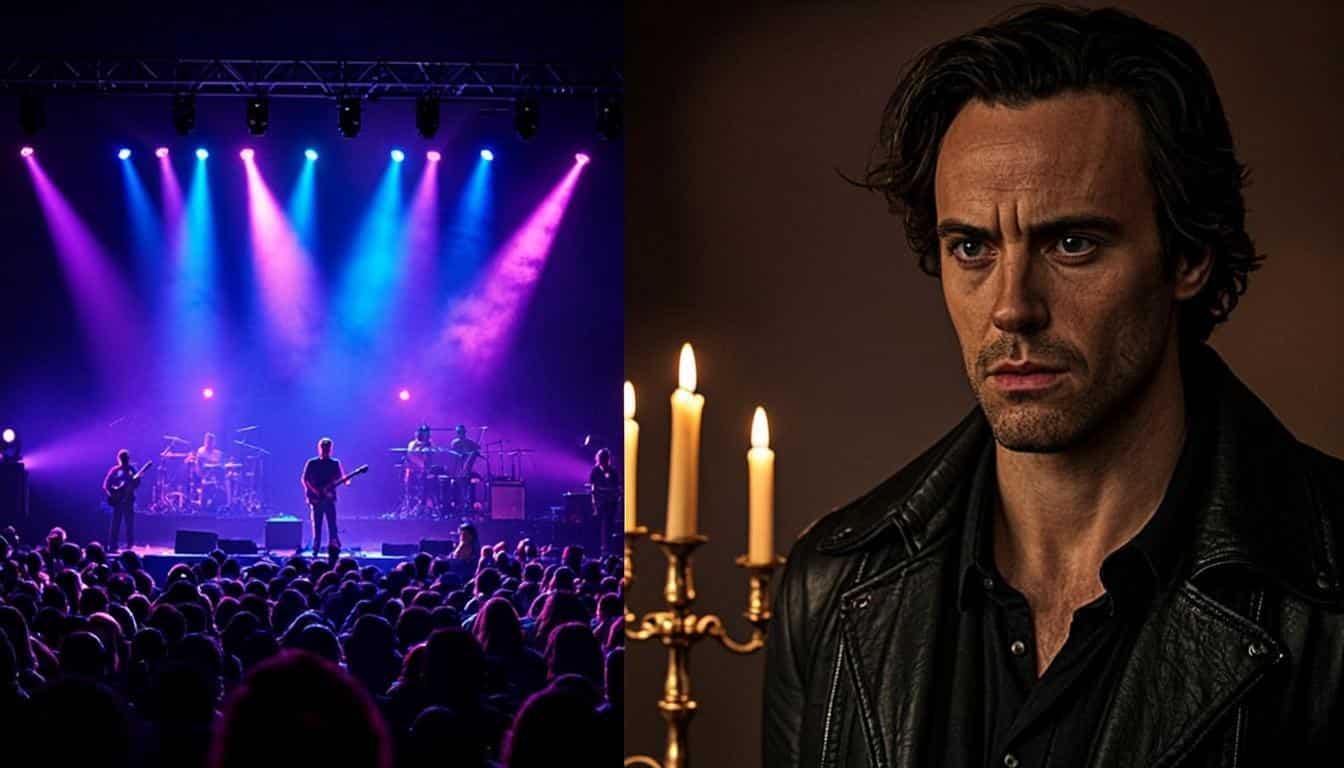 Split between sparkly pop concert stage lights and dark gothic TV set