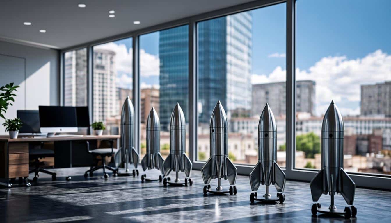Tech billionaire wealth scale with massive headquarters and space rockets