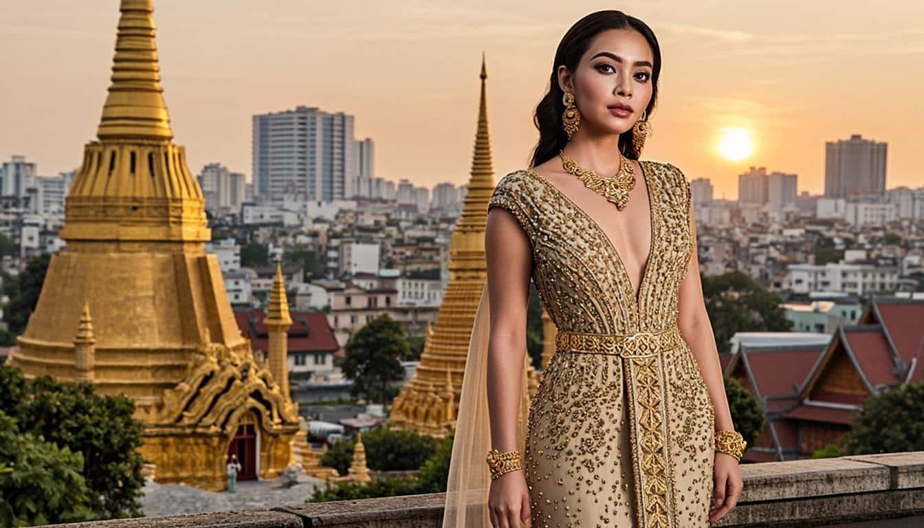 Thai entertainment glamour with golden temple spires and Bangkok skyline