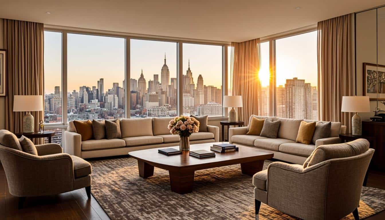 Luxury New York apartment interior with city skyline view