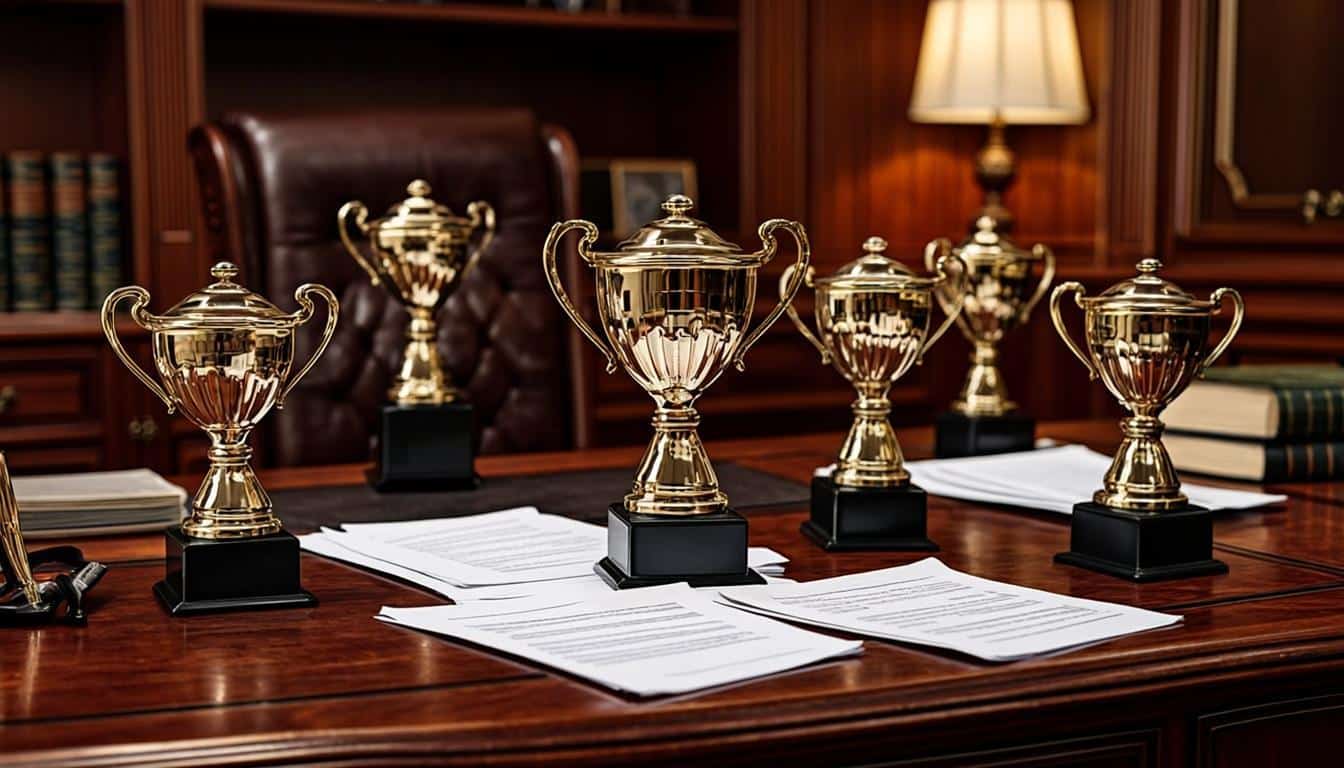 Hollywood production studio office with awards and contracts