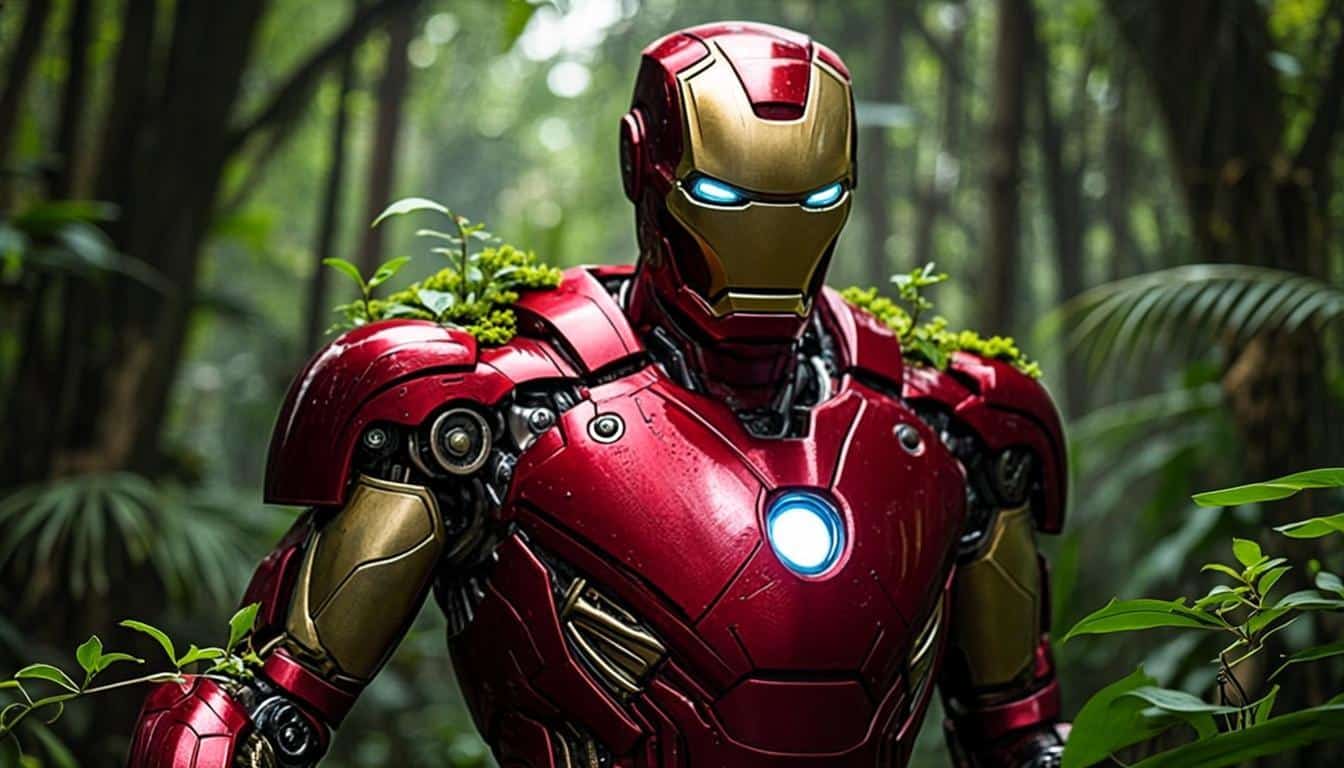 Iron Man high-tech aesthetic contrasted with green environmental theme