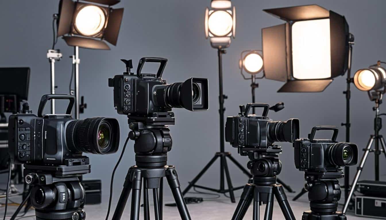 Hollywood film production behind the scenes with cameras and lighting